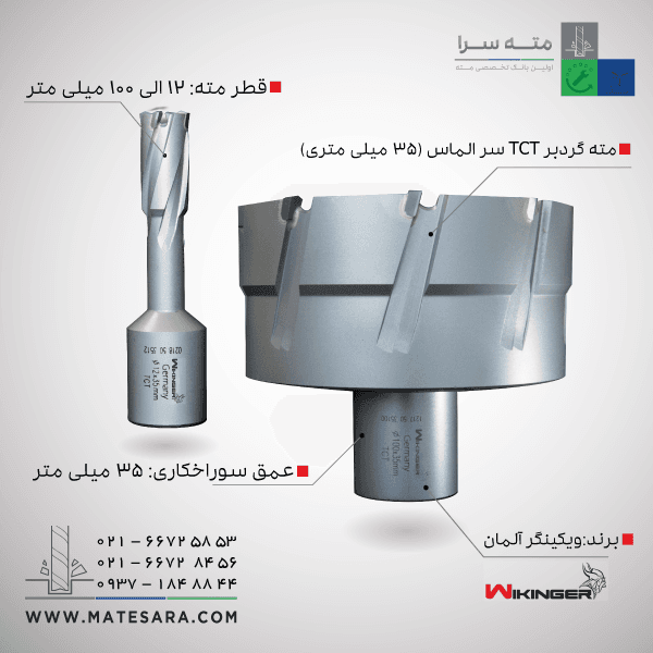 مته گردبر دریل مگنت سر الماس (TCT) ویکینگر - 35میلی‌متر
