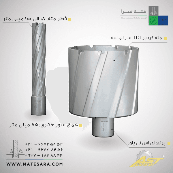 مته گردبر سر الماسه TCTعمق سوراخکاری 7۵ میلی‌متر ای اس تی